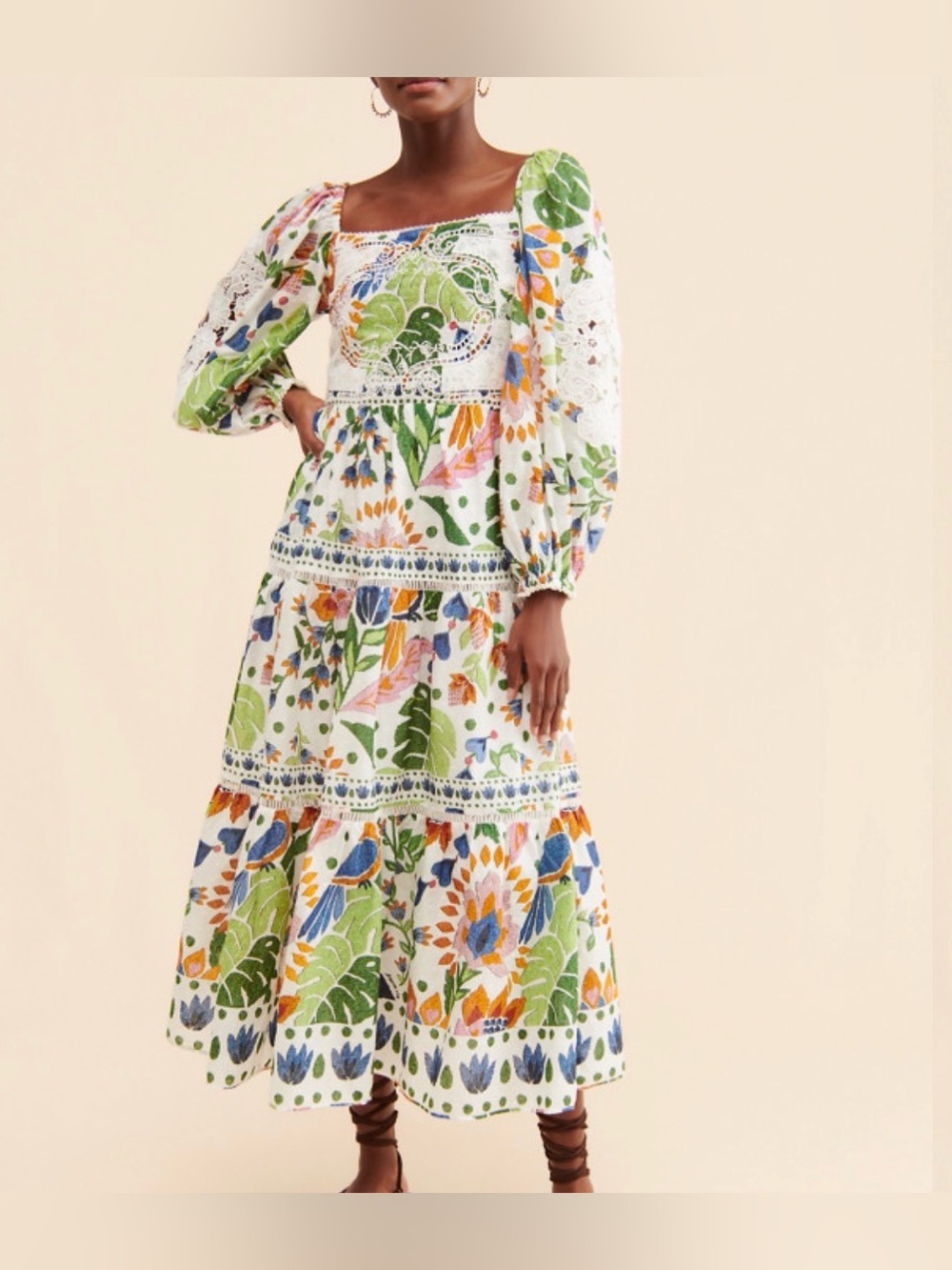 Farm Rio Garden Cotton Long crochet sleeve midi dress size XS